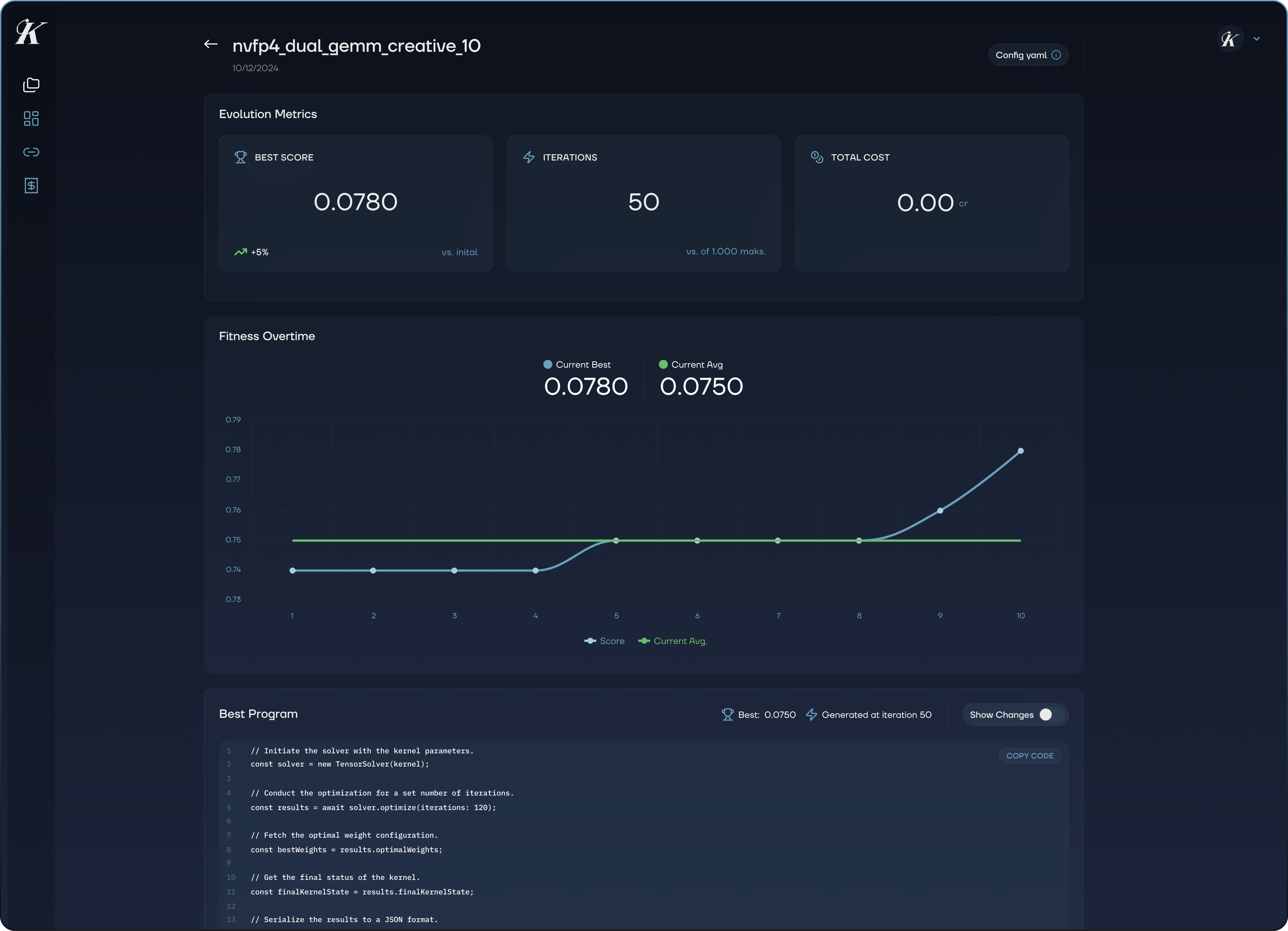 Evolution details with fitness curve and best program